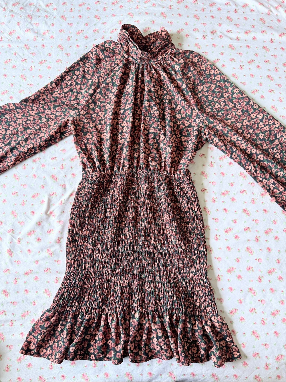& Other Stories Pink Floral Smocked Waist High-Neck Long Sleeve Dress